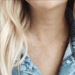 A close-up of a woman's neck wearing a yellow gold necklace with a letter R charm. 