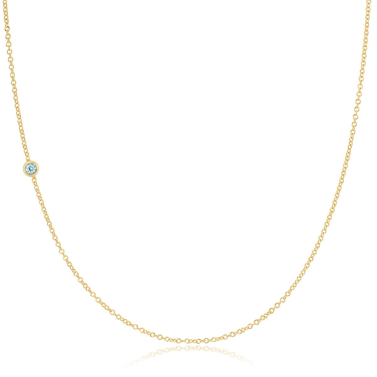 A yellow gold 14K Gold Asymmetrical Birthstone Necklace - Aquamarine (March) on a white background. 