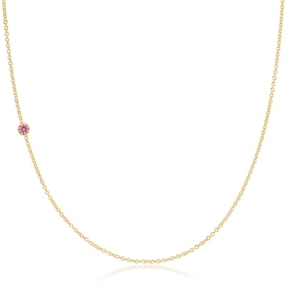 A yellow gold 14K Gold Asymmetrical Birthstone Necklace - Pink Tourmaline (October) on a white background. 