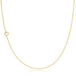 A yellow gold necklace with a P letter charm on a white background. 