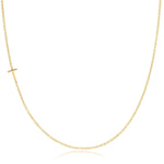 A yellow gold necklace with a T letter charm on a white background. 