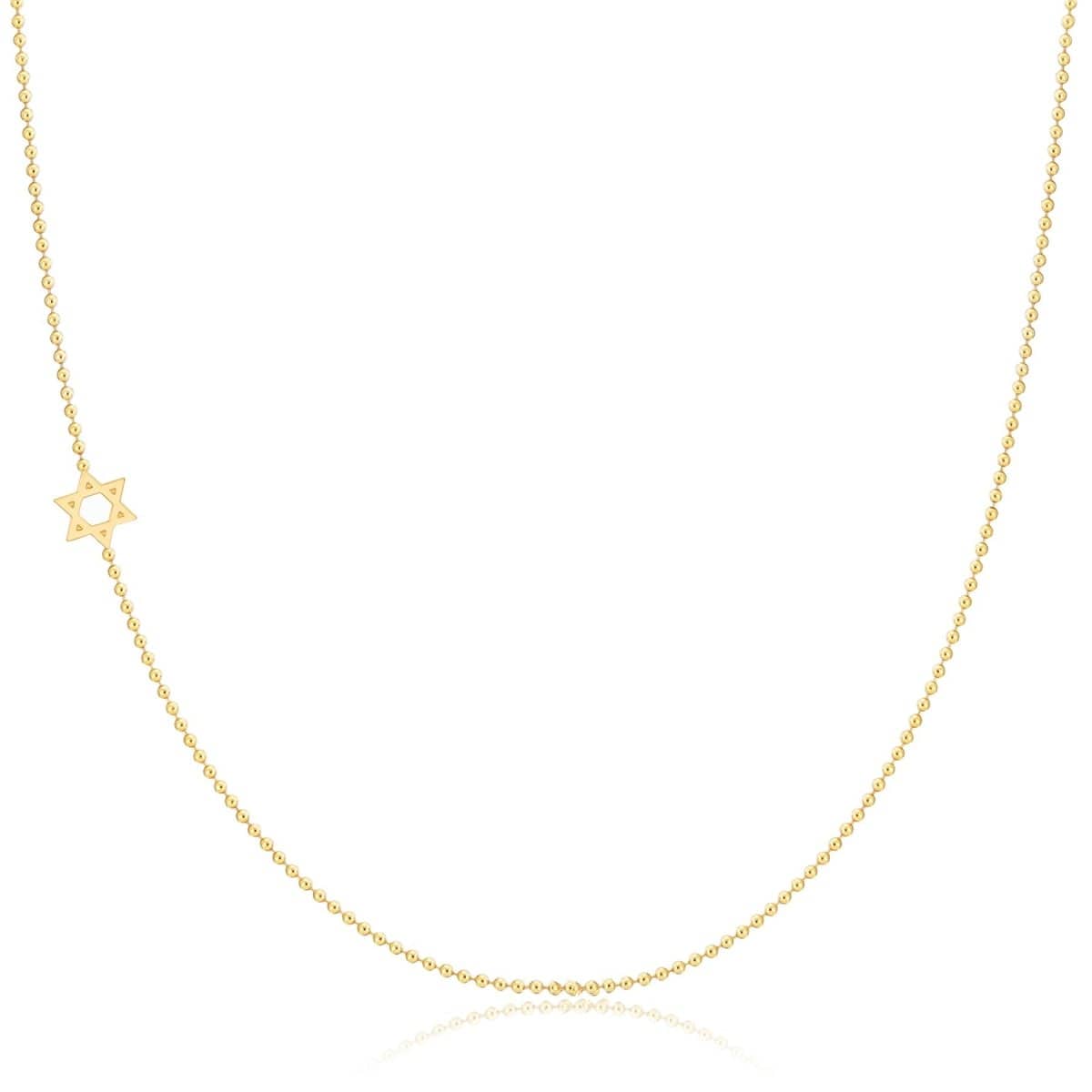 A yellow gold 14k Gold Asymmetrical Charm Necklace - Star of David with bead chain on a white background. 