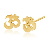 A pair of Charm Studs - Om in yellow gold on a white background.