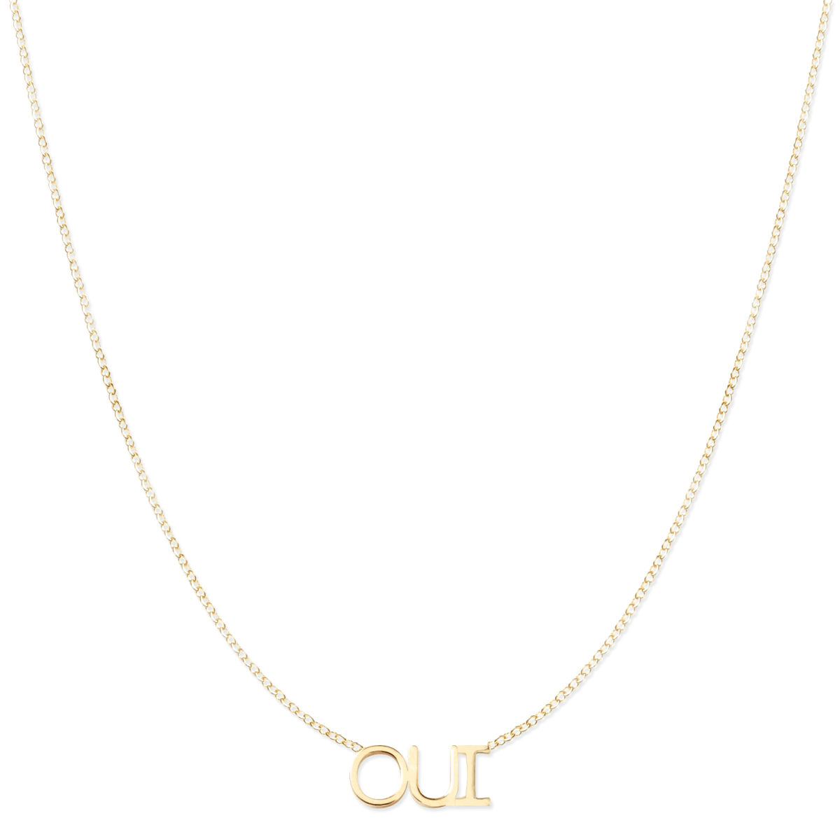 An OUI Necklace in yellow gold on a cable chain on a white background. 