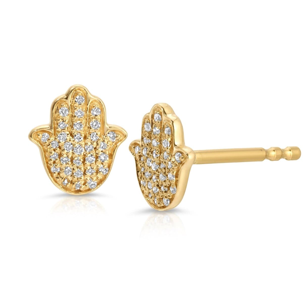 A pair of Pavé Charm Studs - Hamsa in yellow gold on a white background.