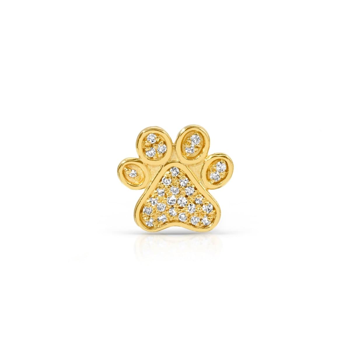 A Pavé Charm Stud - Paw in yellow gold on a white background.