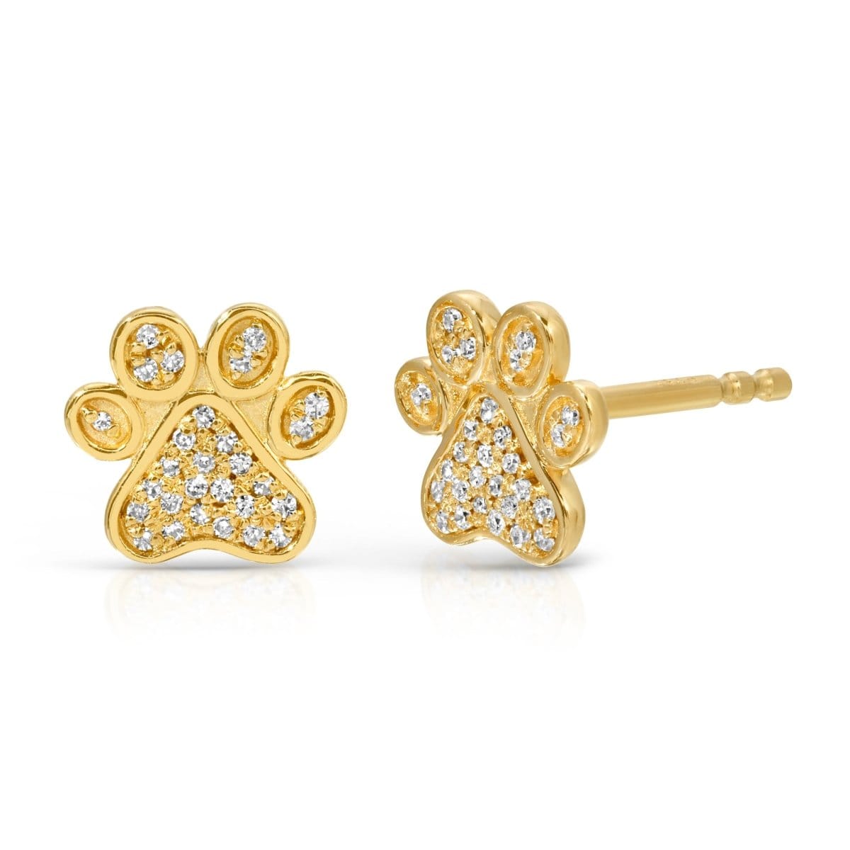 A pair of Pavé Charm Studs - Paw in yellow gold on a white background.