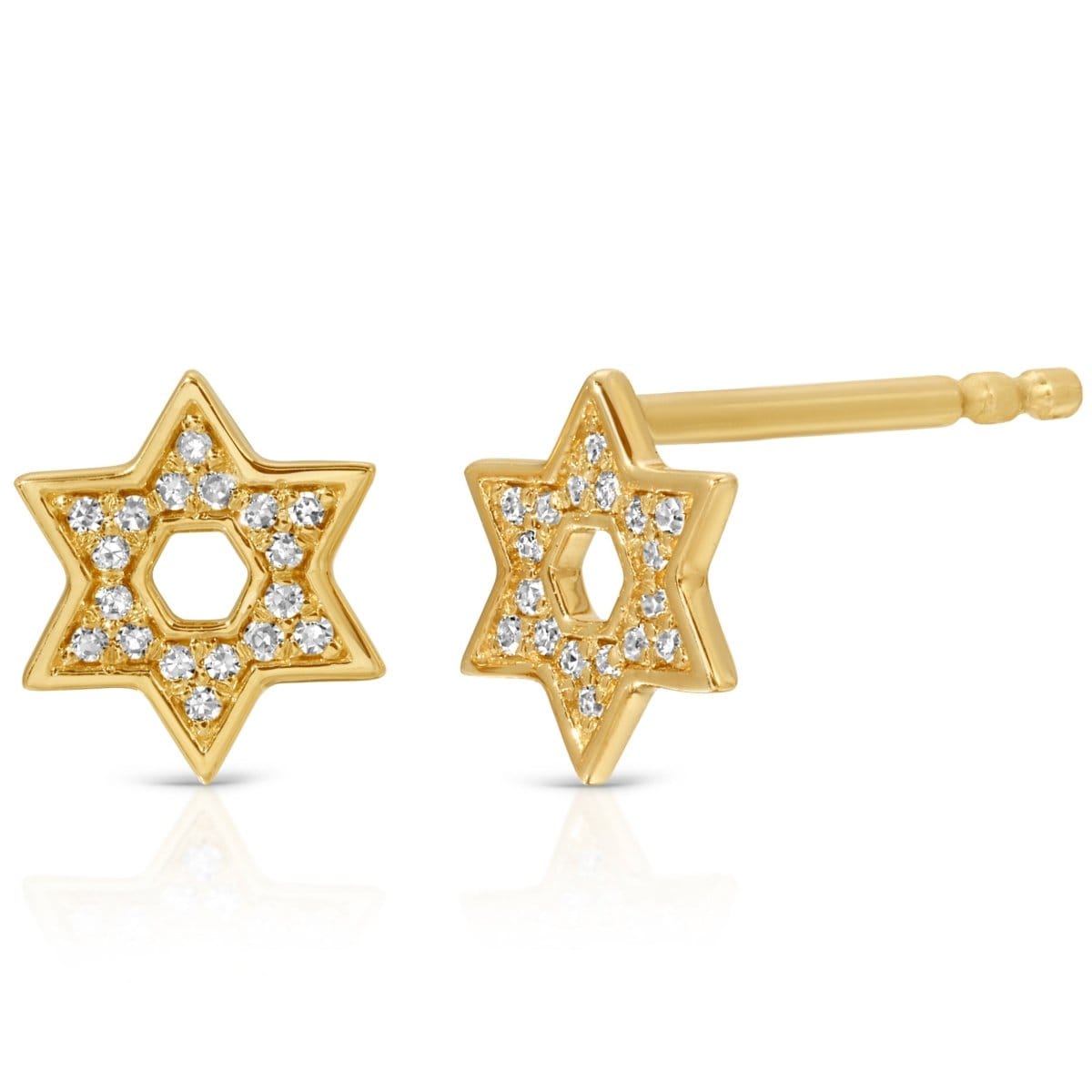 A pair of Pavé Charm Studs - Star of David in yellow gold on a white background.