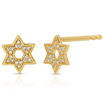 A pair of Pavé Charm Studs - Star of David in yellow gold on a white background.