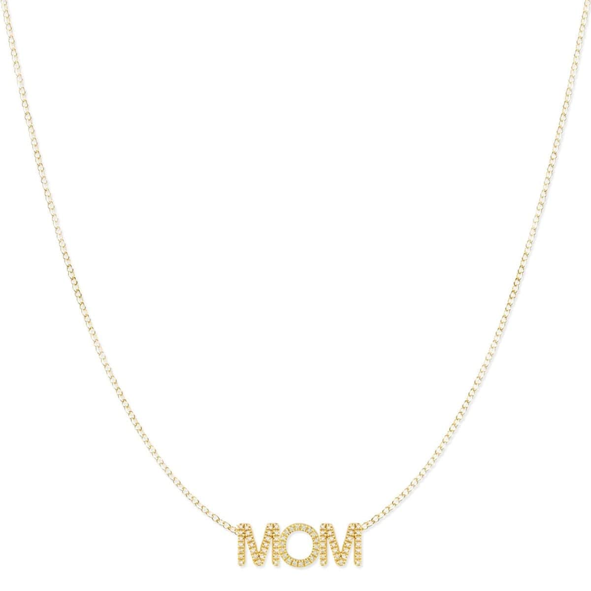 A Pavé MOM Necklace in yellow gold on a  cable chain on a white background. 
