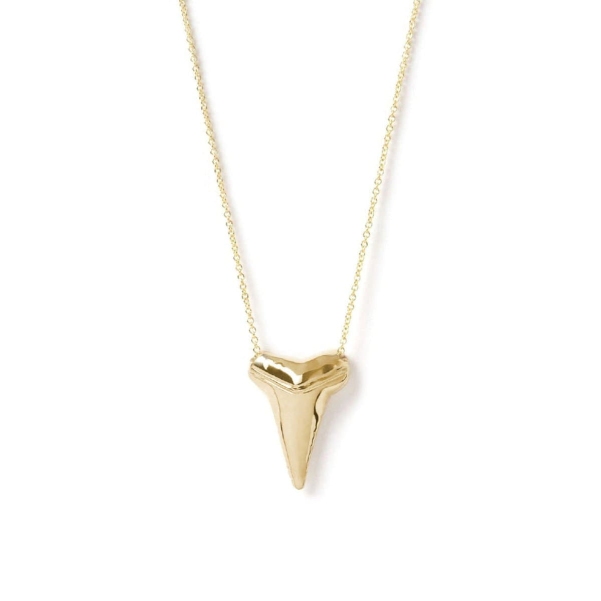 A Sharktooth Necklace in yellow gold on a white background. 