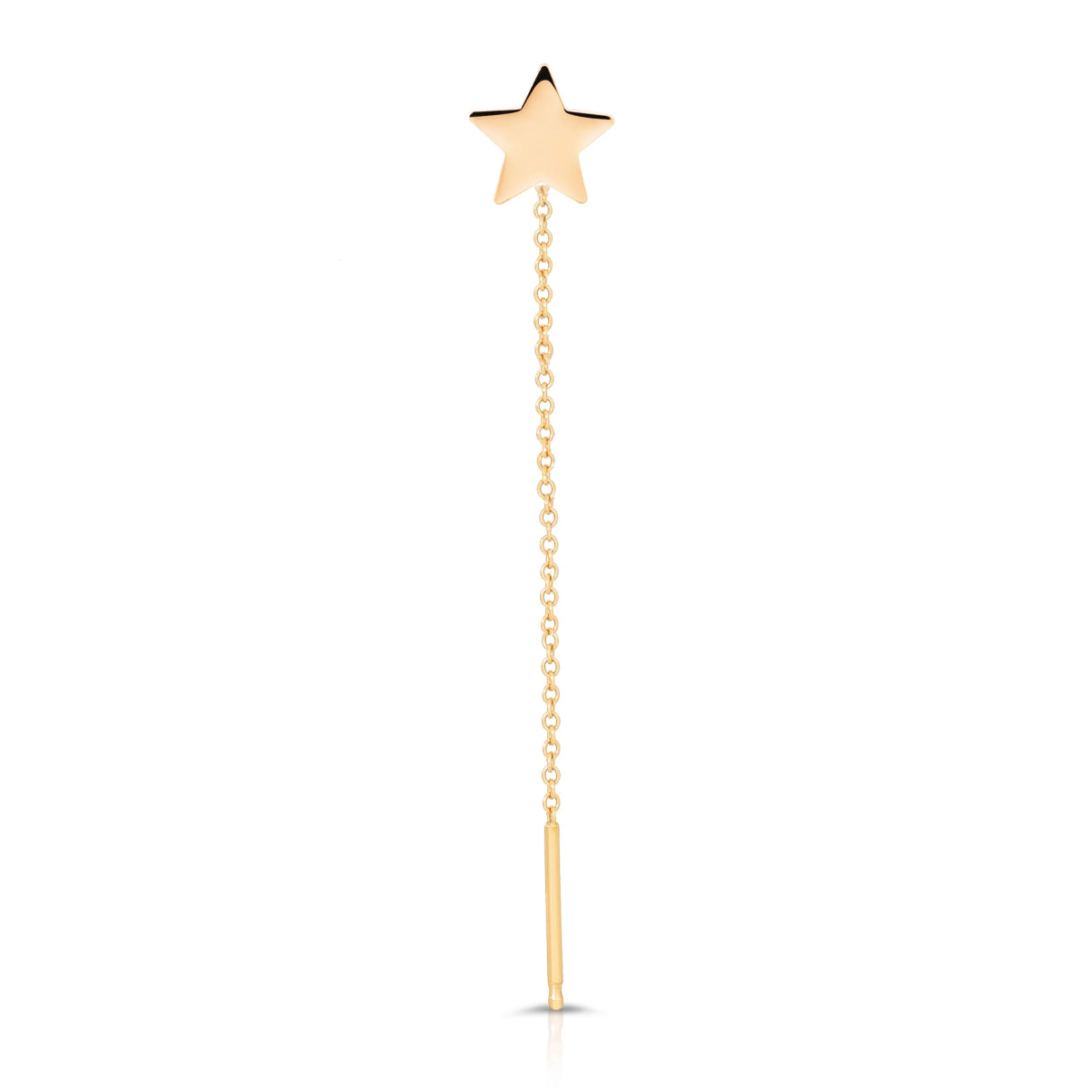 A 14K Gold Charm Threader Earring in star and yellow gold on a white background. 