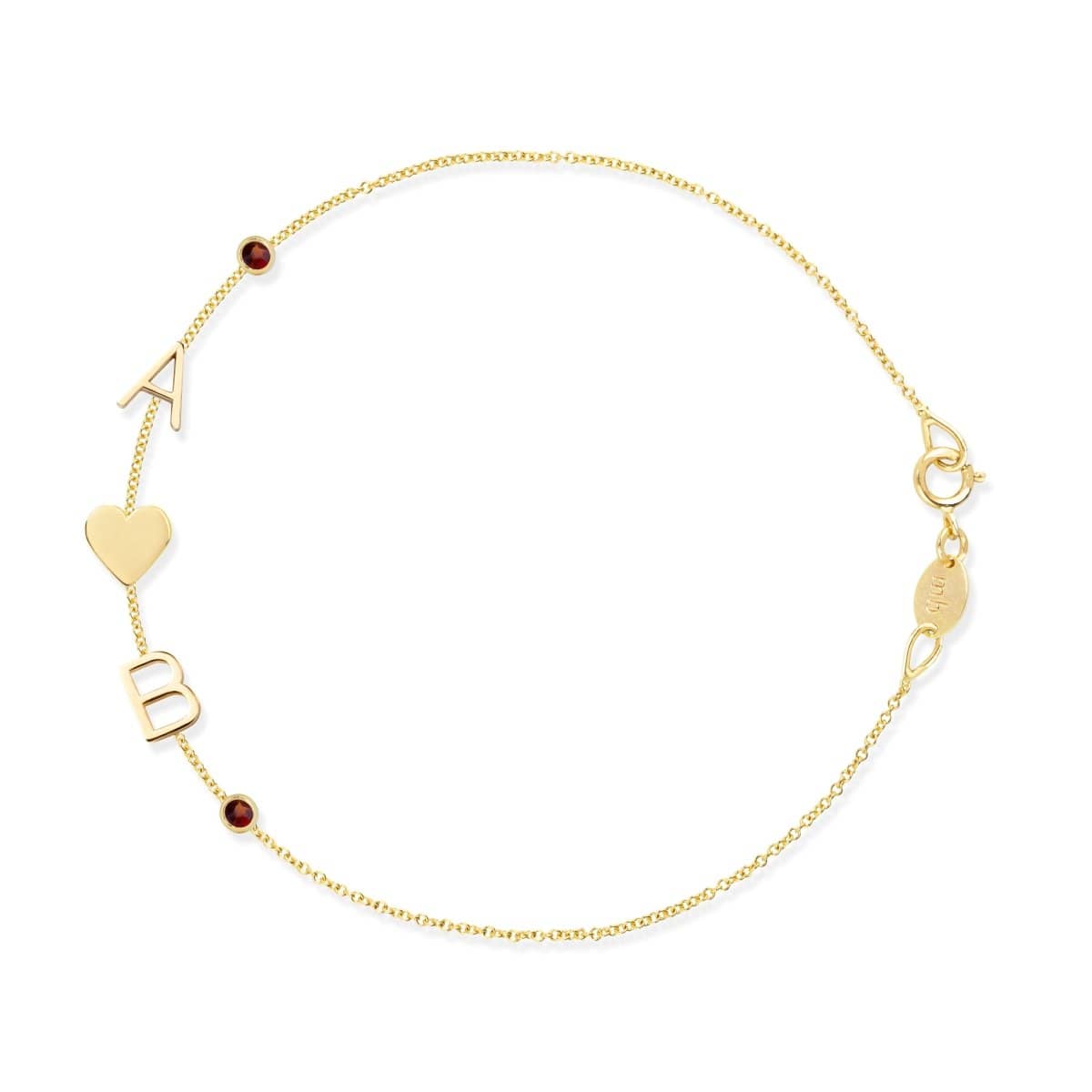 A yellow gold Custom Gold Bracelet - 5 Letters with the letters A and B, a heart charm and two birthstone charms on a white background. 