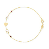 A yellow gold Custom Gold Bracelet - 5 Letters with the letters A and B, a heart charm and two birthstone charms on a white background. 