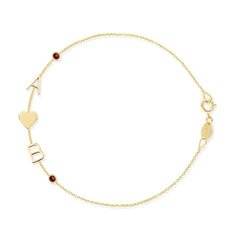 A yellow gold Custom Gold Bracelet - 5 Letters with the letters A and B, a heart charm and two birthstone charms on a white background. 