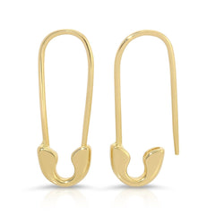 Gold Safety Pin Earrings on a white background. 