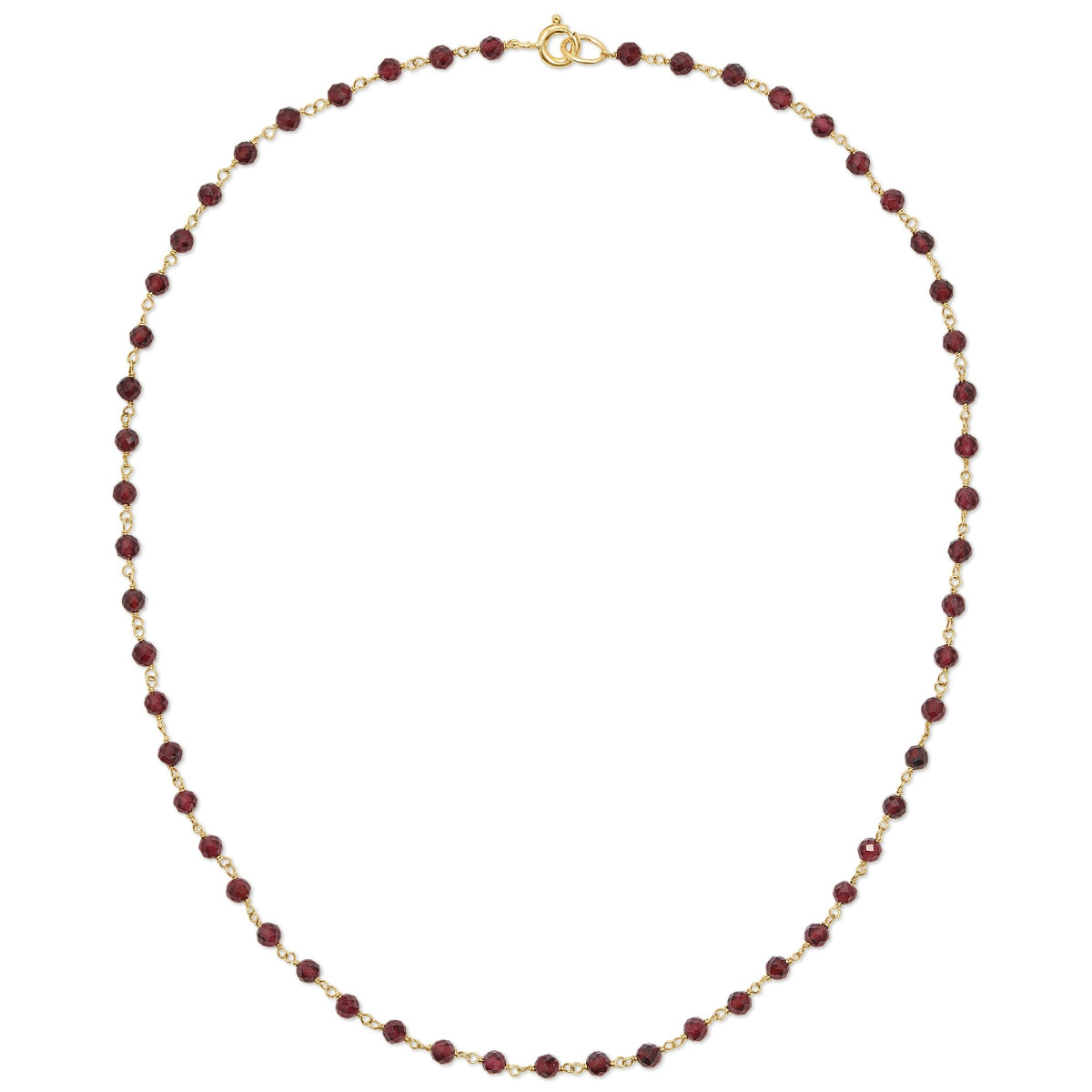A necklace with red garnet beads and gold wire, with a spring clasp closure.