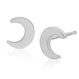 A pair of white gold crescent moon charm stud on a white background.