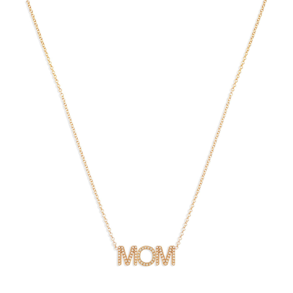 A gold-colored necklace with the word 'MOM' written in bold letters, on a rose gold chain.