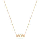 A gold-colored necklace with the word 'MOM' written in bold letters, on a rose gold chain.