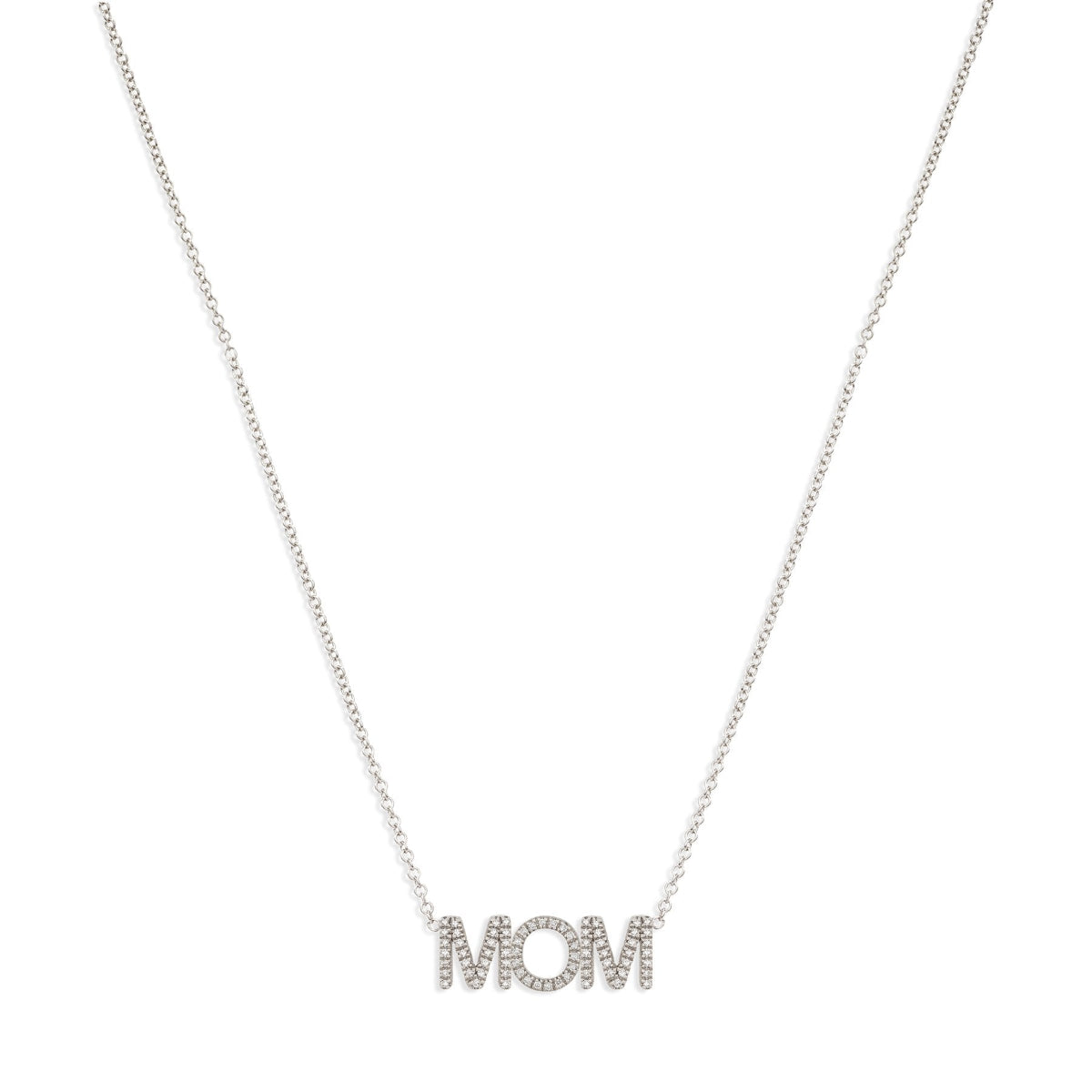 A gold-colored necklace with the word 'MOM' written in bold letters, on a white gold chain.