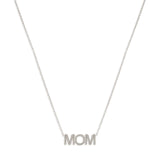 A gold-colored necklace with the word 'MOM' written in bold letters, on a white gold chain.