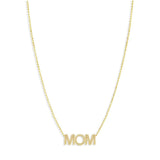 A gold-colored necklace with the word 'MOM' written in bold letters, on a  bead chain.