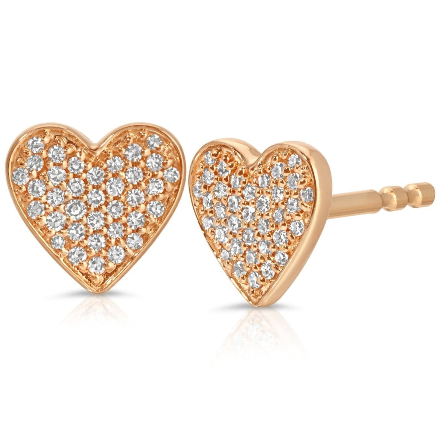 Rose gold heart-shaped earrings with diamond accents on a white background