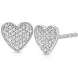 Heart-shaped stud earrings with diamond-like stones on a white background
