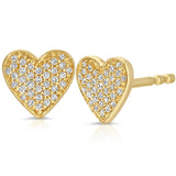 Gold heart-shaped earrings with diamond accents on a white background