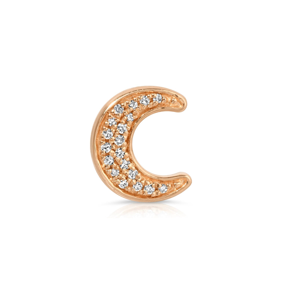 A rose gold pave diamond crescent moon stud earring on a white background.