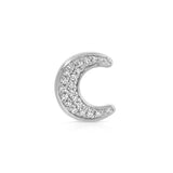 A white gold pave diamond crescent moon stud earring on a white background.