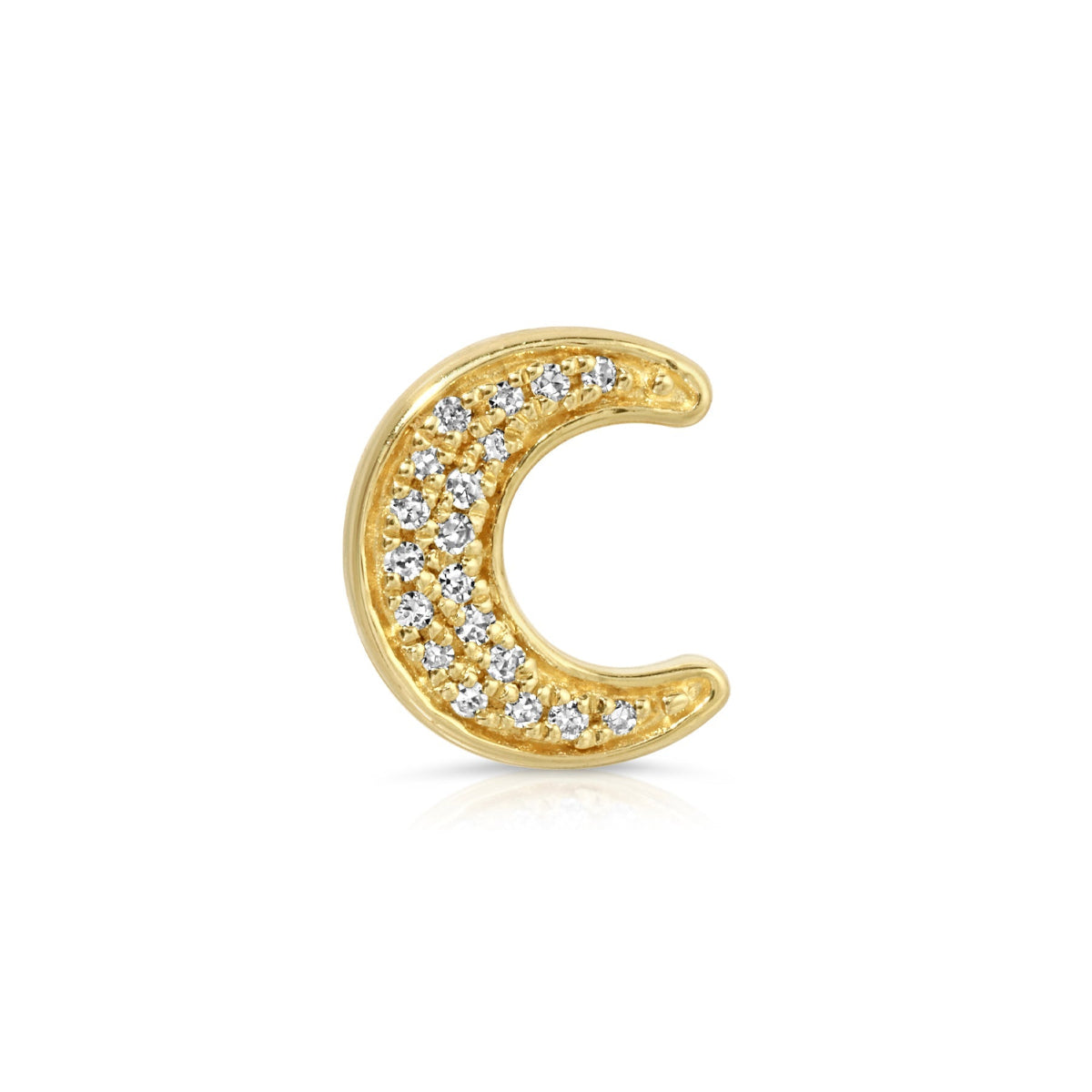 A yellow gold pave diamond crescent moon stud earring on a white background.