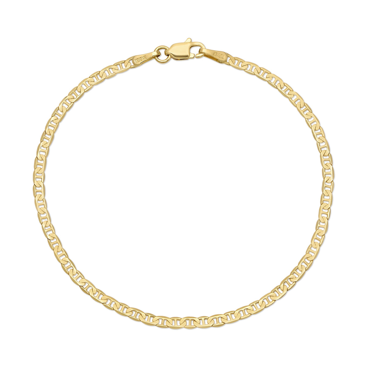 A gold bracelet with a lobster clasp closure, displayed on a neutral background.