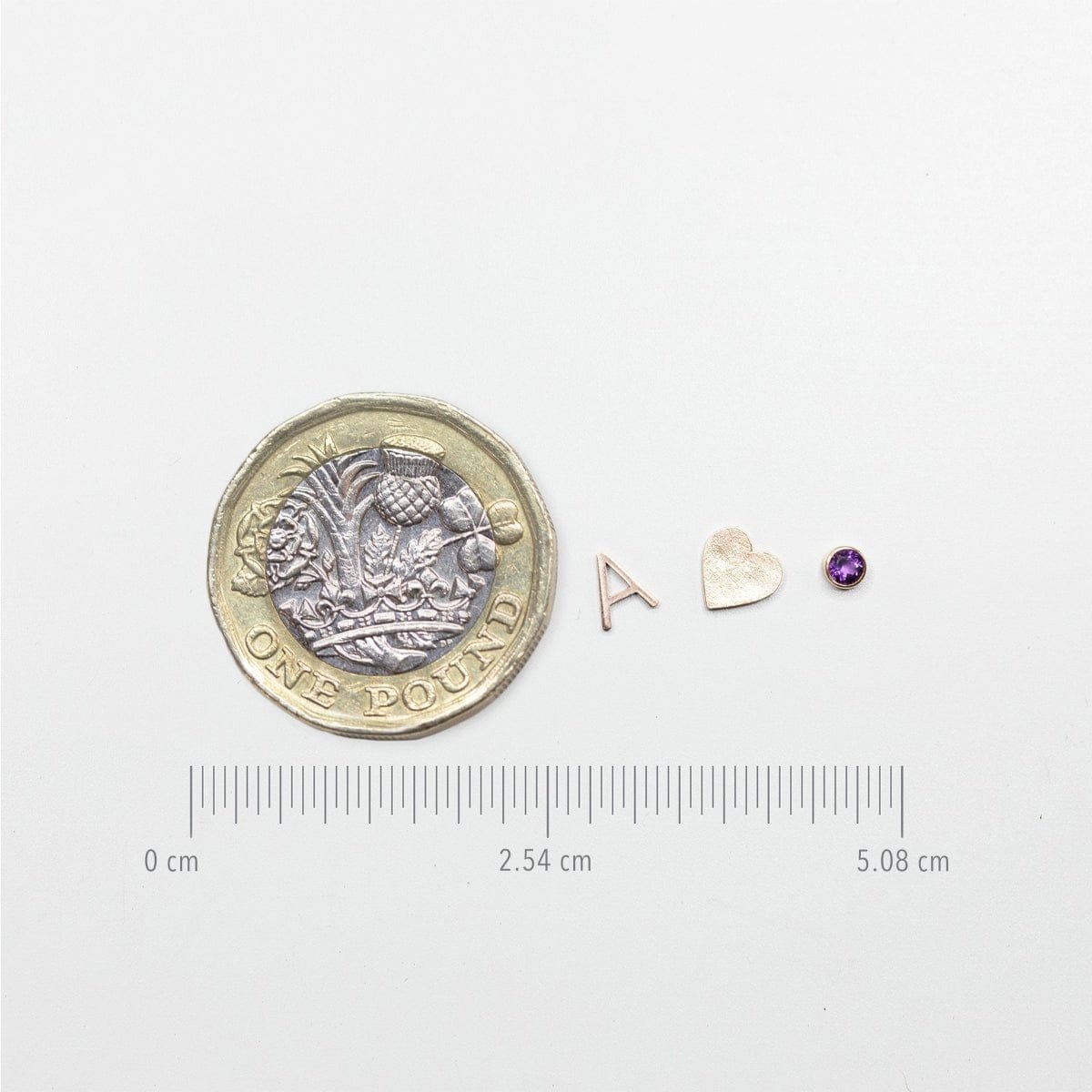 Guide to show sizing of charms and pendants compared to a one pound coin.
