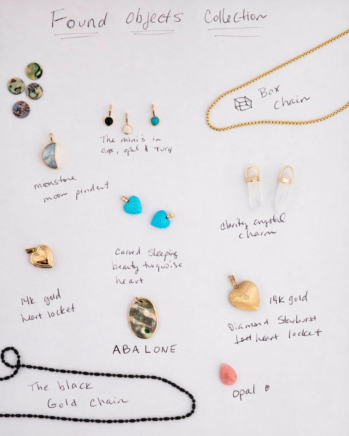 Collection of various jewellery items on white paper with labels, including a yellow Box Chain, Clarity Crystal Charms, Etched Turquoise Heart Charms, Small Abalone Cabochon Charms, Dangle Charms (Turquoise, Onyx and Opal), a Moonstone Crescent Charm, a Heart Locket Charm, a Large Abalone Cabochon Charm, a Pink Opal Tear Drop Charm and a Black Rhodium Antique Bead Chain.