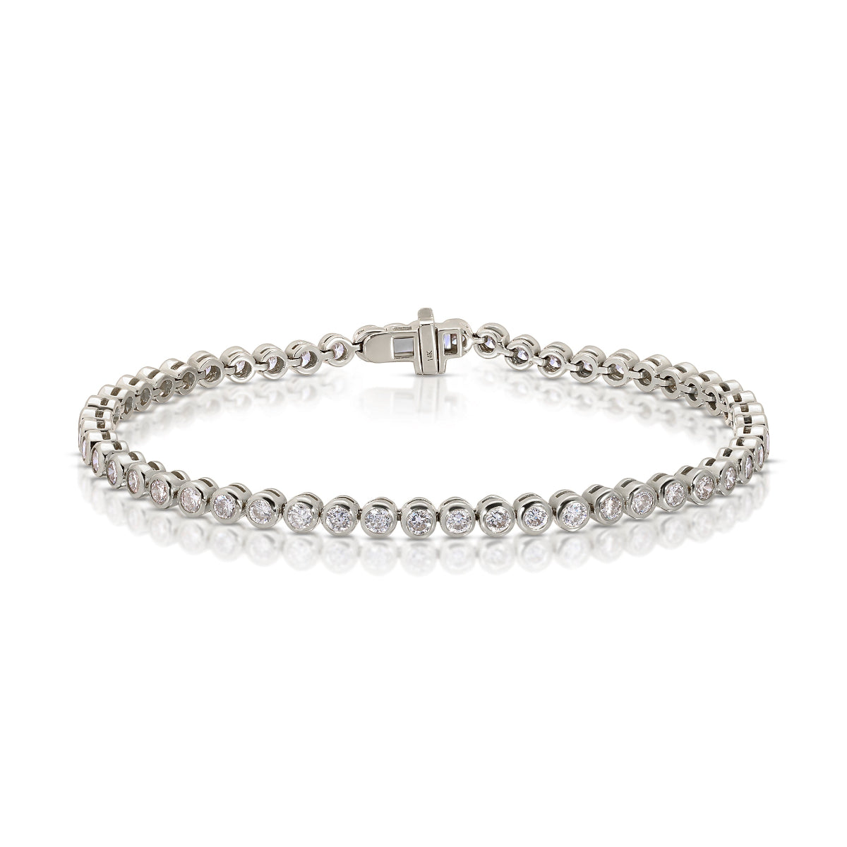 A white gold diamond tennis bracelet on a white background.