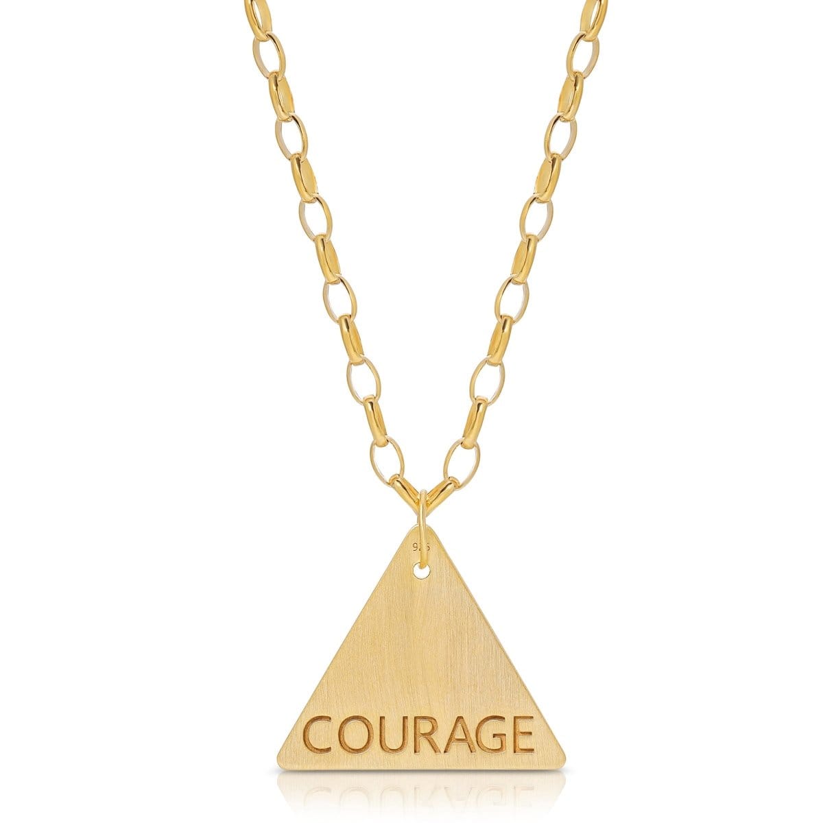 The back of a Virtues Pendant - Triangle in yellow gold with 'COURAGE' engraved on a white background. 