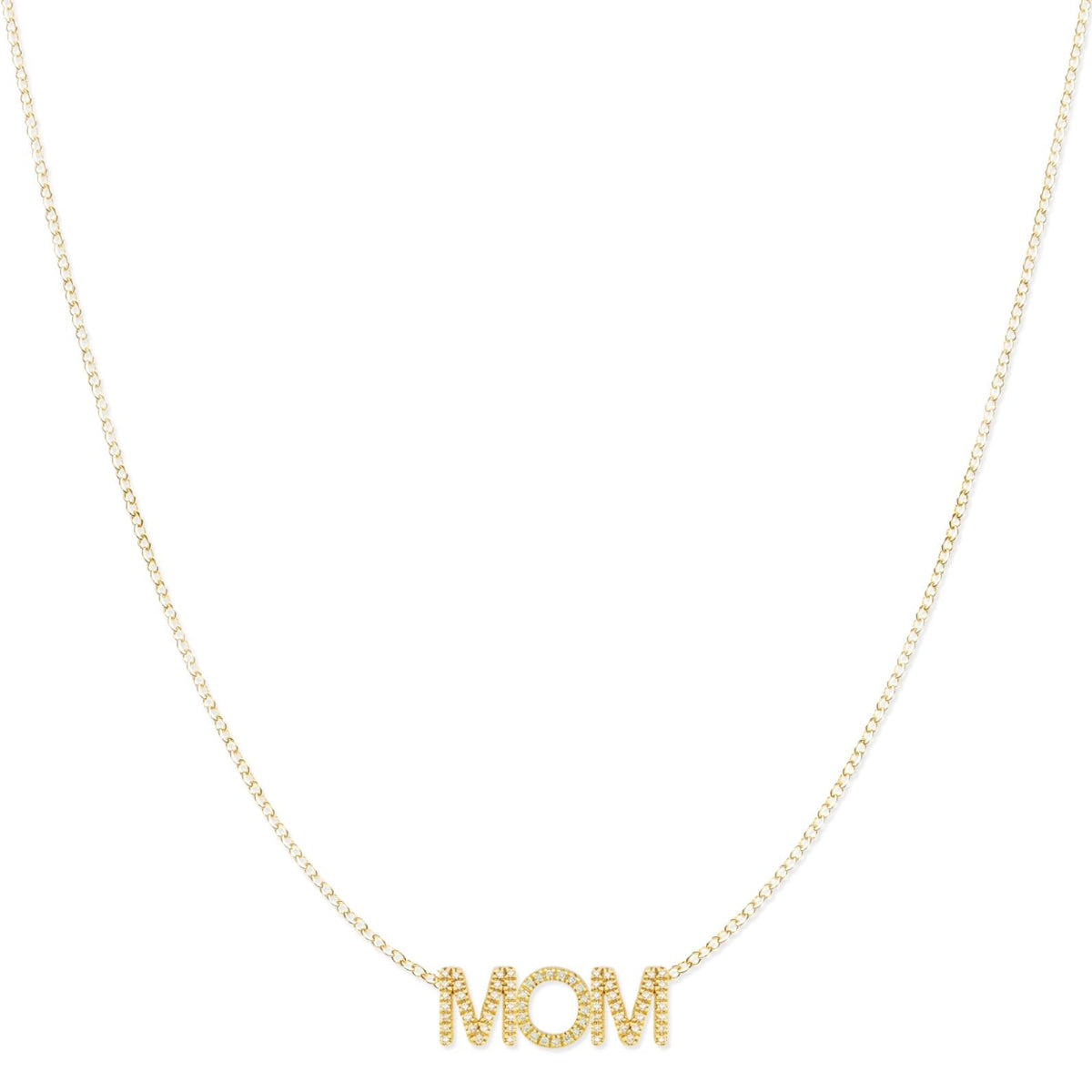A gold-colored necklace with the word 'MOM' written in bold letters, on a chain.