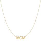 A gold-colored necklace with the word 'MOM' written in bold letters, on a chain.
