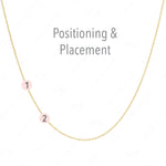 A yellow gold necklace with labeled positions for two charms on a white background, with the words "Positioning & Placement" on the top. 