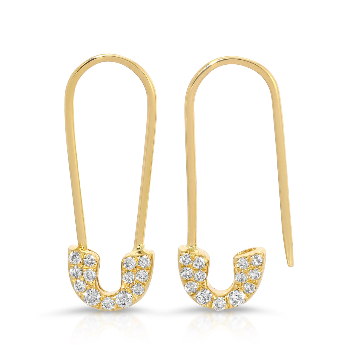 A pair of yellow gold safety pin earrings with white diamond accents.