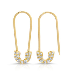 A pair of yellow gold safety pin earrings with white diamond accents.