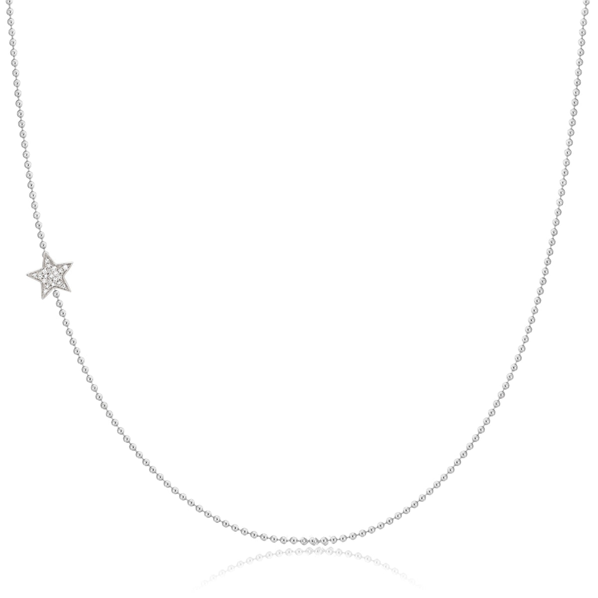 White gold beaded chain with pave star on white background