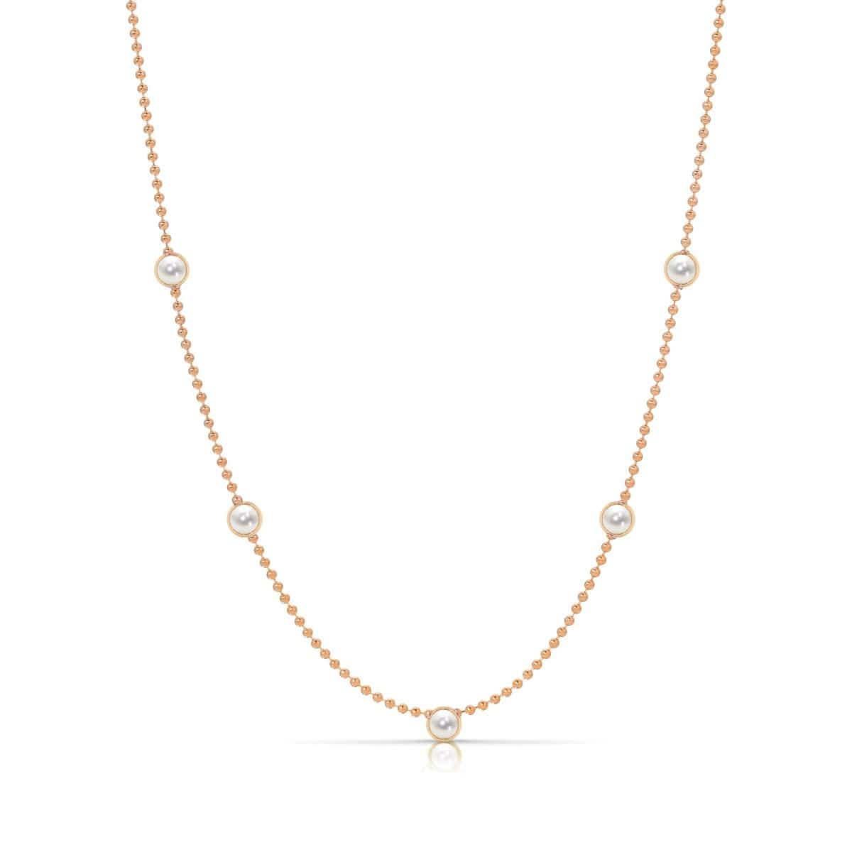 A Quintet Birthstone Layering Necklace - Rose Gold in Pearl - June on a white background.