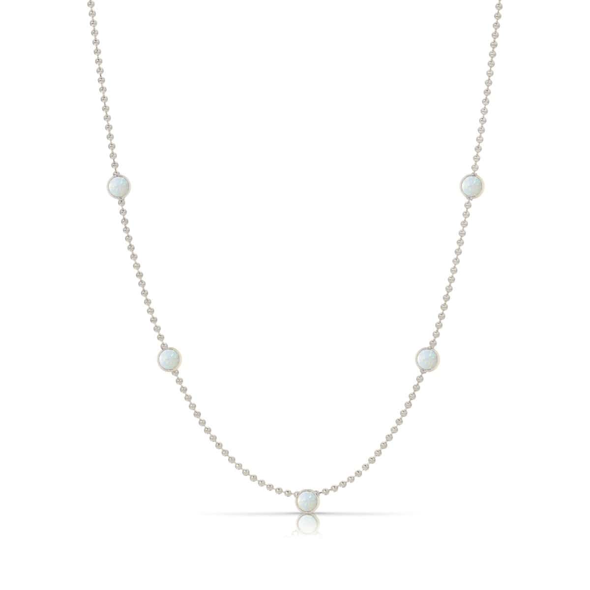 A Quintet Birthstone Layering Necklace – White Gold in Opal – October on a white background.