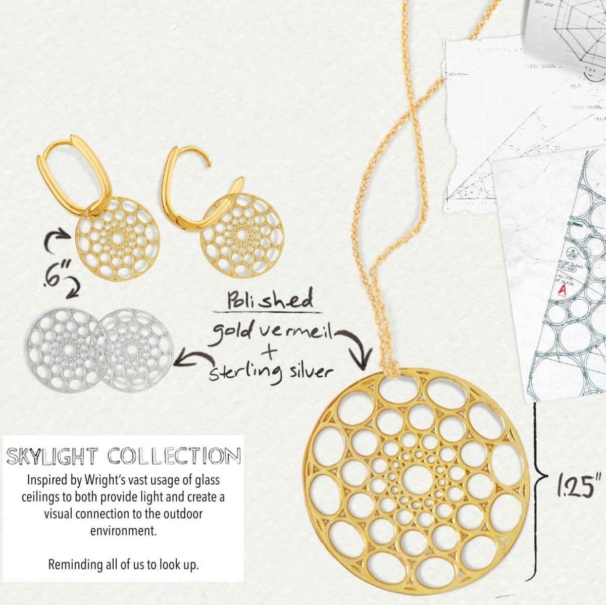 Skylight Hoops and Necklace in yellow gold and sterling silver with specifications on a light grey background. 