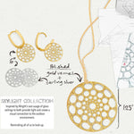 Skylight Hoops and Necklace in yellow gold and sterling silver with specifications on a light grey background. 