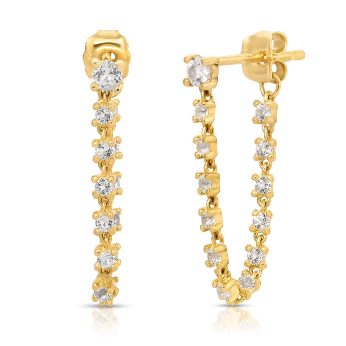 A pair of White Topaz Chain Earrings on a white background. 